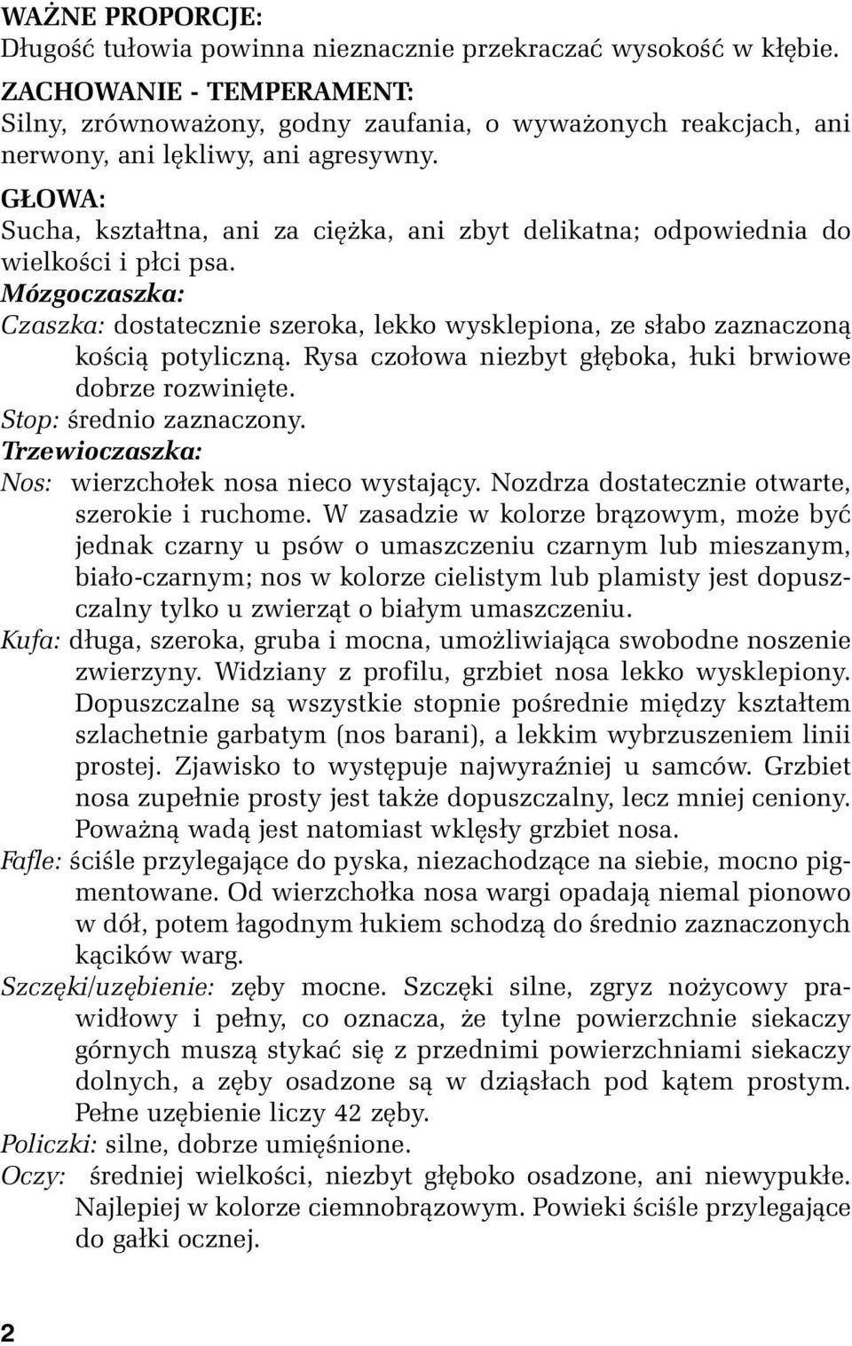 GŁOWA: Sucha, kształtna, ani za ciężka, ani zbyt delikatna; odpowiednia do wielkości i płci psa. Mózgoczaszka: Czaszka: dostatecznie szeroka, lekko wysklepiona, ze słabo zaznaczoną kością potyliczną.