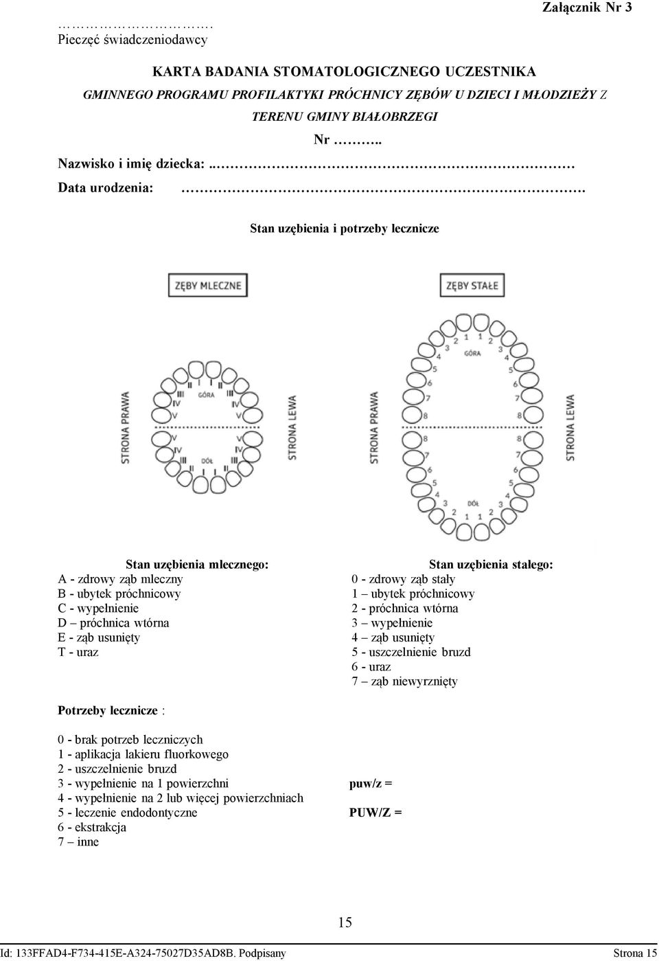 Stan uzębienia i potrzeby lecznicze Stan uzębienia mlecznego: A - zdrowy ząb mleczny B - ubytek próchnicowy C - wypełnienie D próchnica wtórna E - ząb usunięty T - uraz Stan uzębienia stałego: 0 -