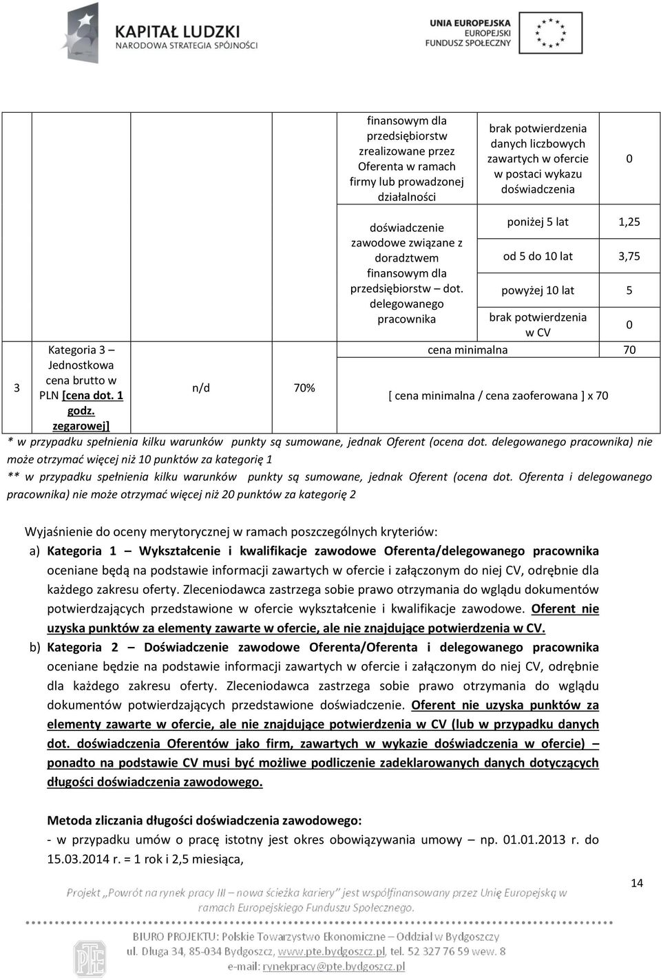 powyżej 10 lat 5 pracownika brak potwierdzenia w CV 0 cena minimalna 70 [ cena minimalna / cena zaoferowana ] x 70 * w przypadku spełnienia kilku warunków punkty są sumowane, jednak Oferent (ocena