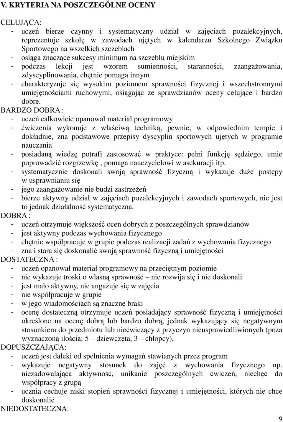 charakteryzuje się wysokim poziomem sprawności fizycznej i wszechstronnymi umiejętnościami ruchowymi, osiągając ze sprawdzianów oceny celujące i bardzo dobre.