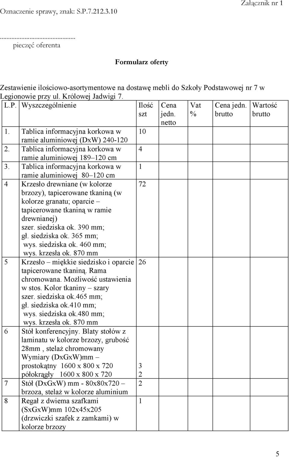 Tablica informacyjna korkowa w ramie aluminiowej 80 0 cm 4 Krzesło drewniane (w kolorze brzozy), tapicerowane tkaniną (w kolorze granatu; oparcie tapicerowane tkaniną w ramie drewnianej) szer.