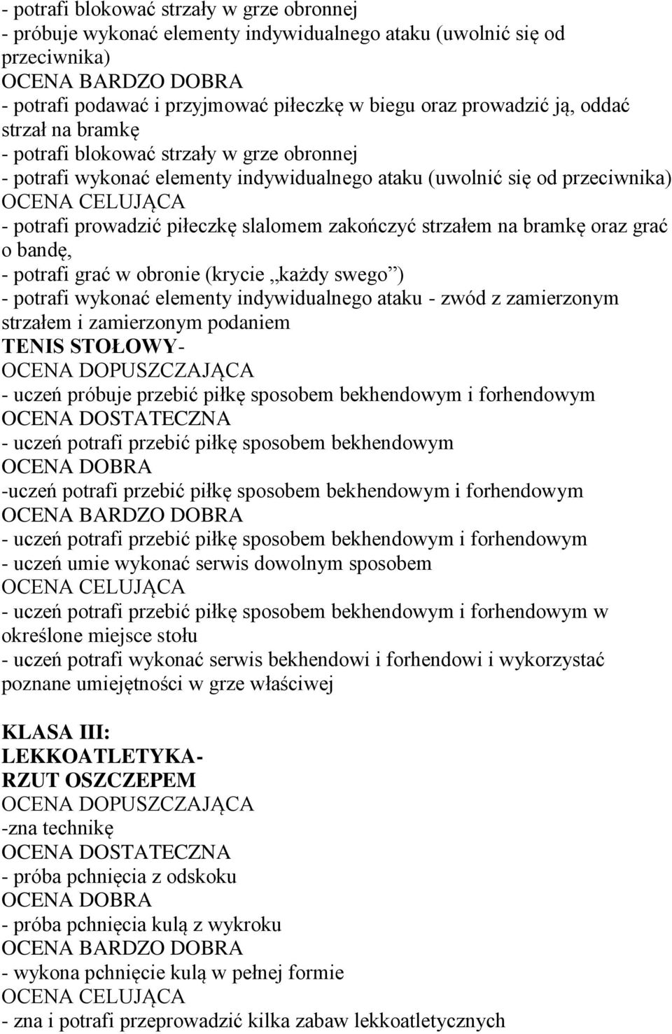 oraz grać o bandę, - potrafi grać w obronie (krycie każdy swego ) - potrafi wykonać elementy indywidualnego ataku - zwód z zamierzonym strzałem i zamierzonym podaniem TENIS STOŁOWY- - uczeń próbuje