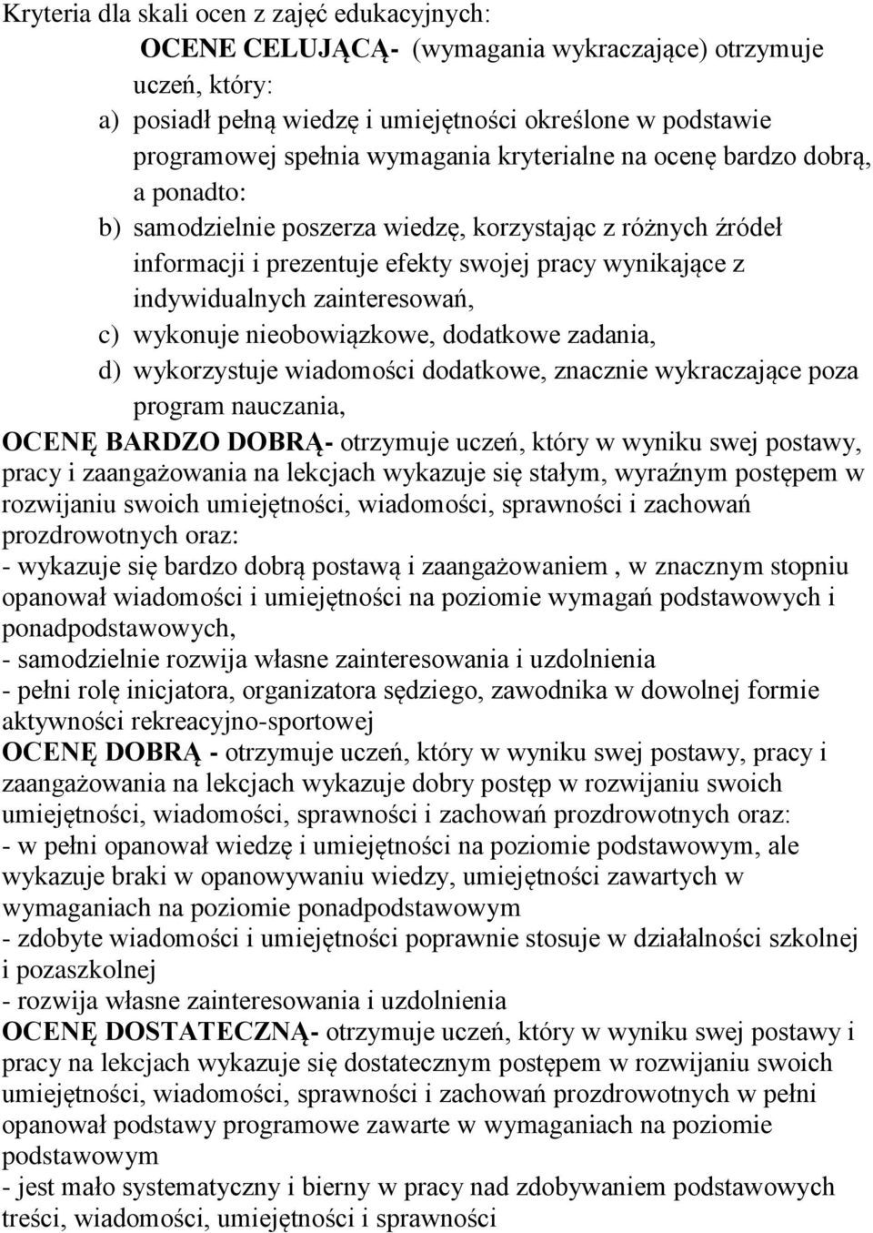 zainteresowań, c) wykonuje nieobowiązkowe, dodatkowe zadania, d) wykorzystuje wiadomości dodatkowe, znacznie wykraczające poza program nauczania, OCENĘ BARDZO DOBRĄ- otrzymuje uczeń, który w wyniku