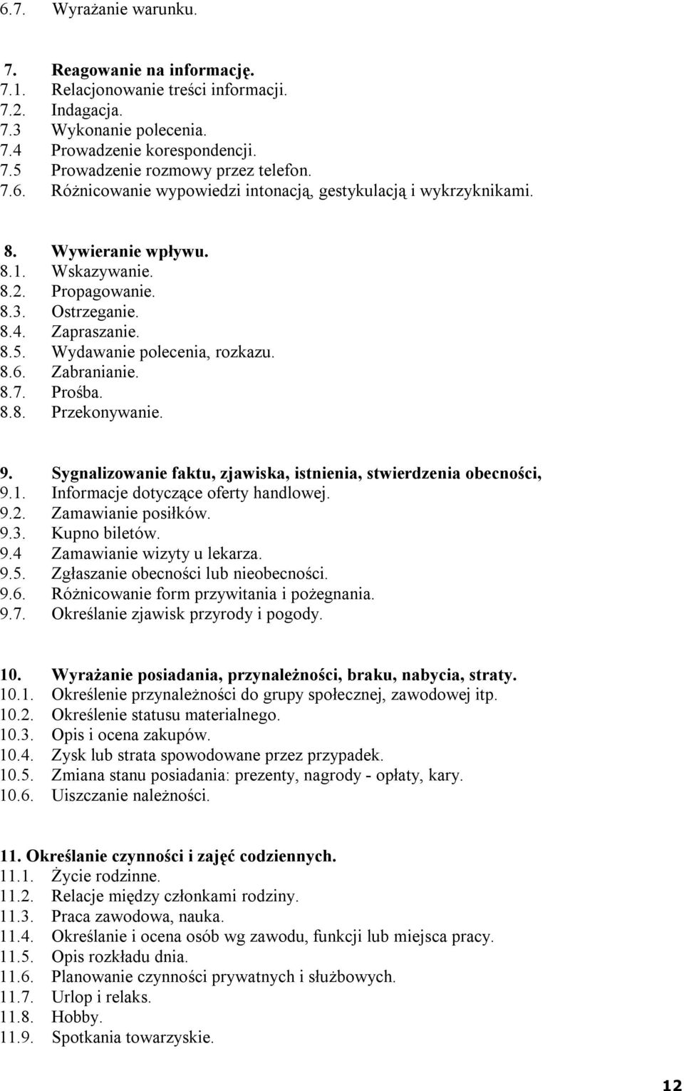 8.6. Zabranianie. 8.7. Prośba. 8.8. Przekonywanie. 9. Sygnalizowanie faktu, zjawiska, istnienia, stwierdzenia obecności, 9.1. Informacje dotyczące oferty handlowej. 9.2. Zamawianie posiłków. 9.3.