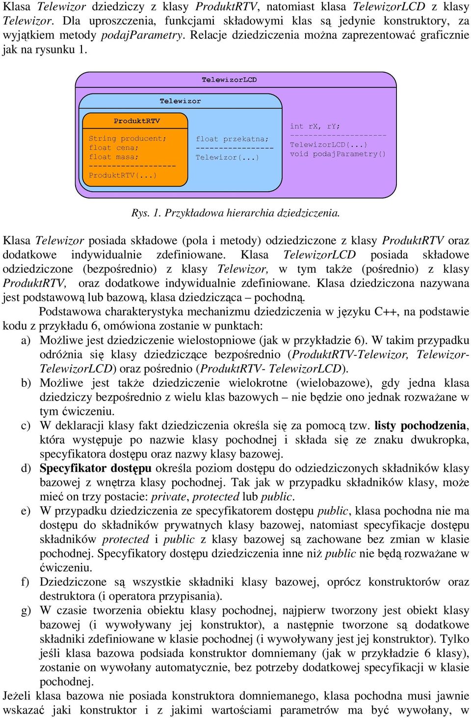 Klasa Telewizor posiada składowe (pola i metody) odziedziczone z klasy ProduktRTV oraz dodatkowe indywidualnie zdefiniowane.