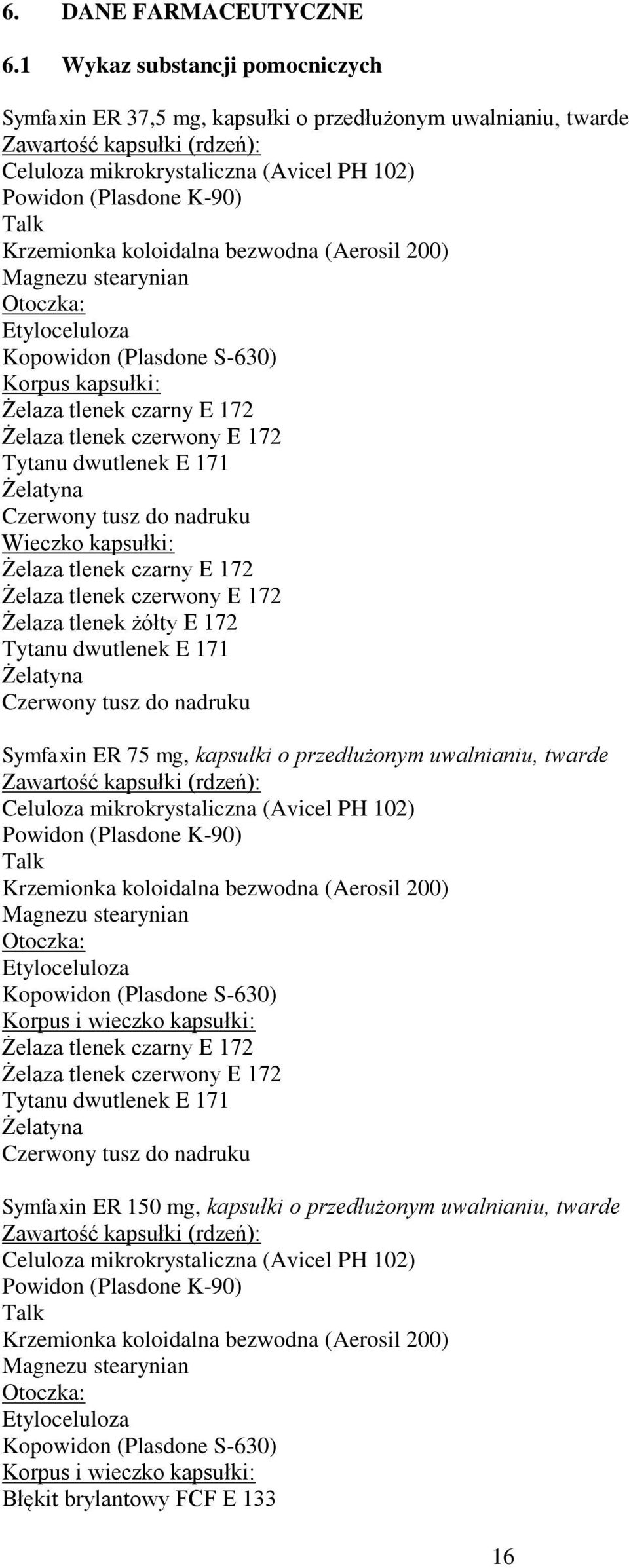 Krzemionka koloidalna bezwodna (Aerosil 200) Magnezu stearynian Otoczka: Etyloceluloza Kopowidon (Plasdone S-630) Korpus kapsułki: Żelaza tlenek czarny E 172 Żelaza tlenek czerwony E 172 Tytanu