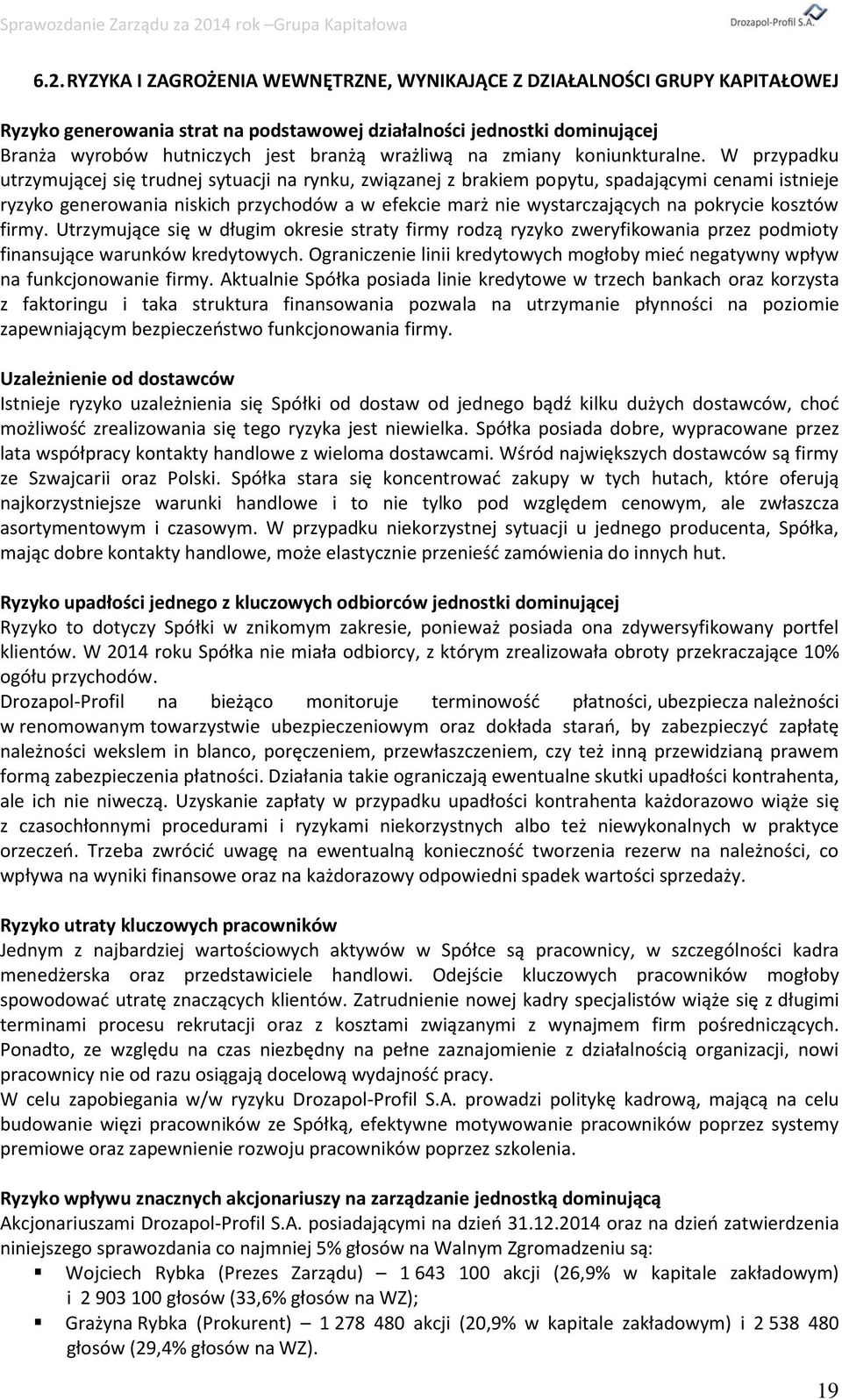 W przypadku utrzymującej się trudnej sytuacji na rynku, związanej z brakiem popytu, spadającymi cenami istnieje ryzyko generowania niskich przychodów a w efekcie marż nie wystarczających na pokrycie