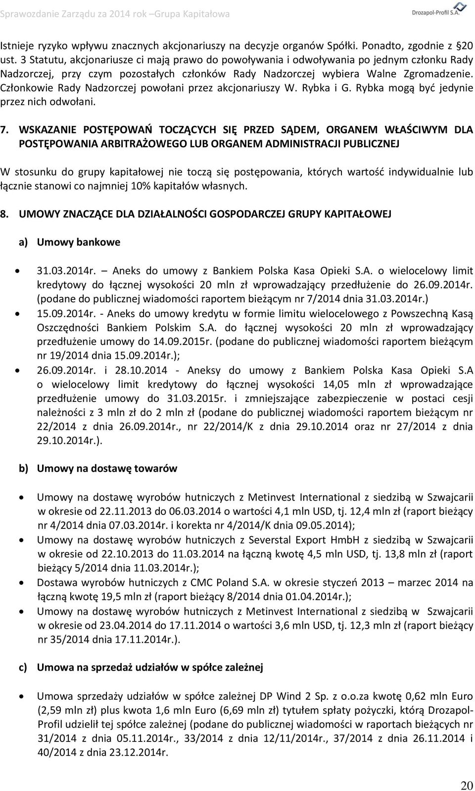 Członkowie Rady Nadzorczej powołani przez akcjonariuszy W. Rybka i G. Rybka mogą być jedynie przez nich odwołani. 7.