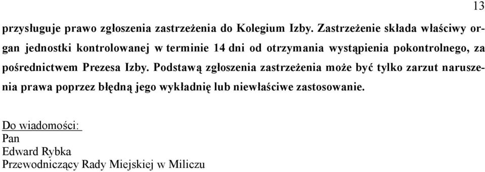 pienia pokontrolnego, za po(rednictwem Prezesa Izby. Podstaw.