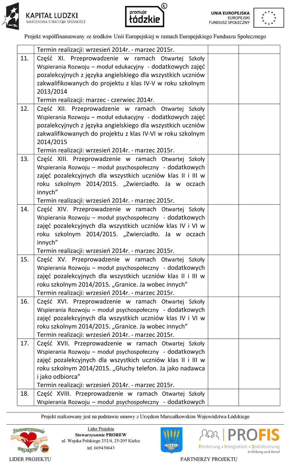 Zwierciadło. Ja w oczach innych 14. Część XIV. Przeprowadzenie w ramach Otwartej Szkoły roku szkolnym 2014/2015. Zwierciadło. Ja w oczach innych 15. Część XV.