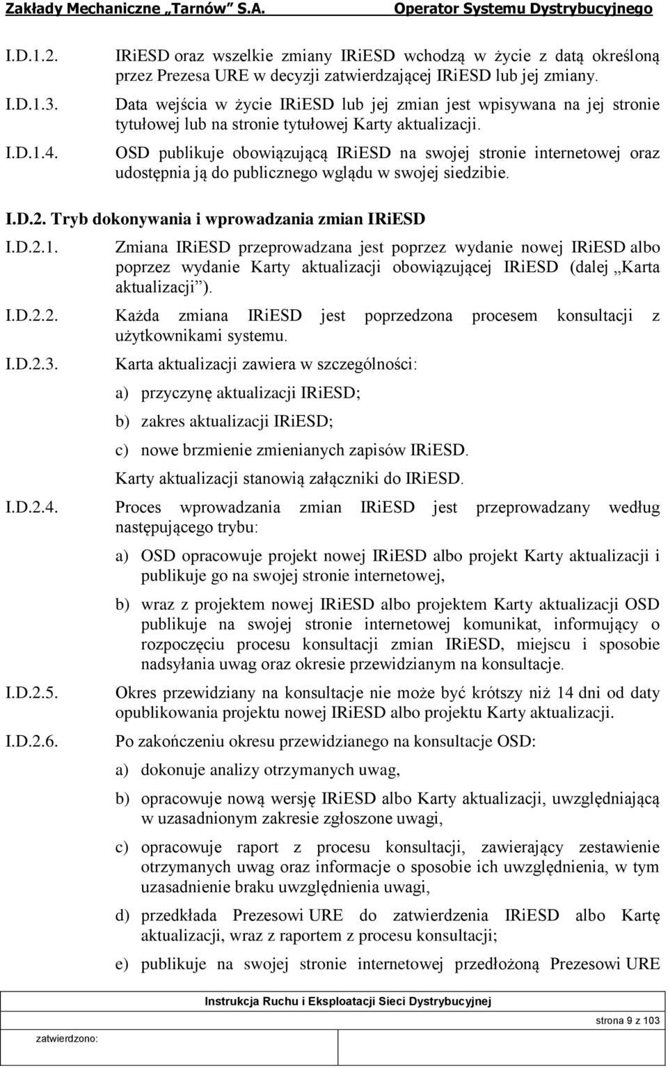 OSD publikuje obowiązującą IRiESD na swojej stronie internetowej oraz udostępnia ją do publicznego wglądu w swojej siedzibie. I.D.2. Tryb dokonywania i wprowadzania zmian IRiESD I.D.2.1.