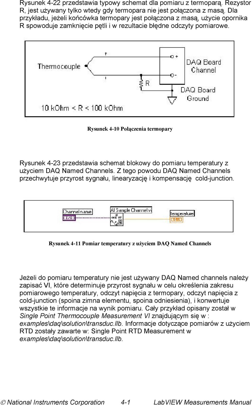 Rysunek 4-10 Połączenia termopary Rysunek 4-23 przedstawia schemat blokowy do pomiaru temperatury z użyciem DAQ Named Channels.