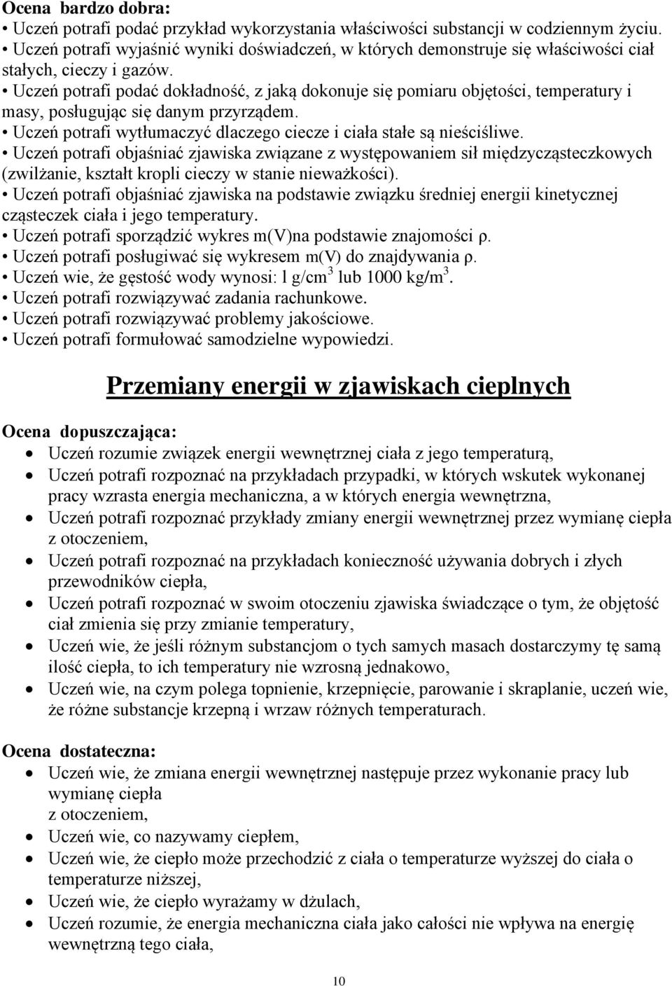 Uczeń potrafi podać dokładność, z jaką dokonuje się pomiaru objętości, temperatury i masy, posługując się danym przyrządem. Uczeń potrafi wytłumaczyć dlaczego ciecze i ciała stałe są nieściśliwe.