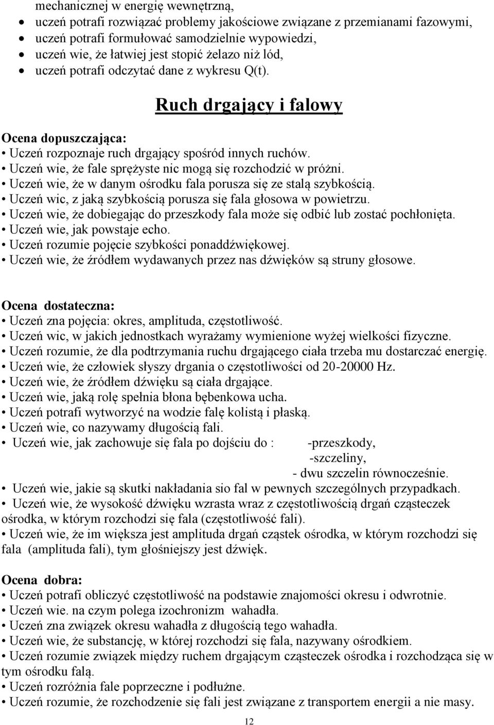 Uczeń wie, że fale sprężyste nic mogą się rozchodzić w próżni. Uczeń wie, że w danym ośrodku fala porusza się ze stalą szybkością. Uczeń wic, z jaką szybkością porusza się fala głosowa w powietrzu.