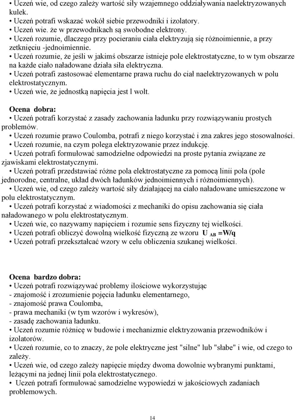 Uczeń rozumie, że jeśli w jakimś obszarze istnieje pole elektrostatyczne, to w tym obszarze na każde ciało naładowane działa siła elektryczna.