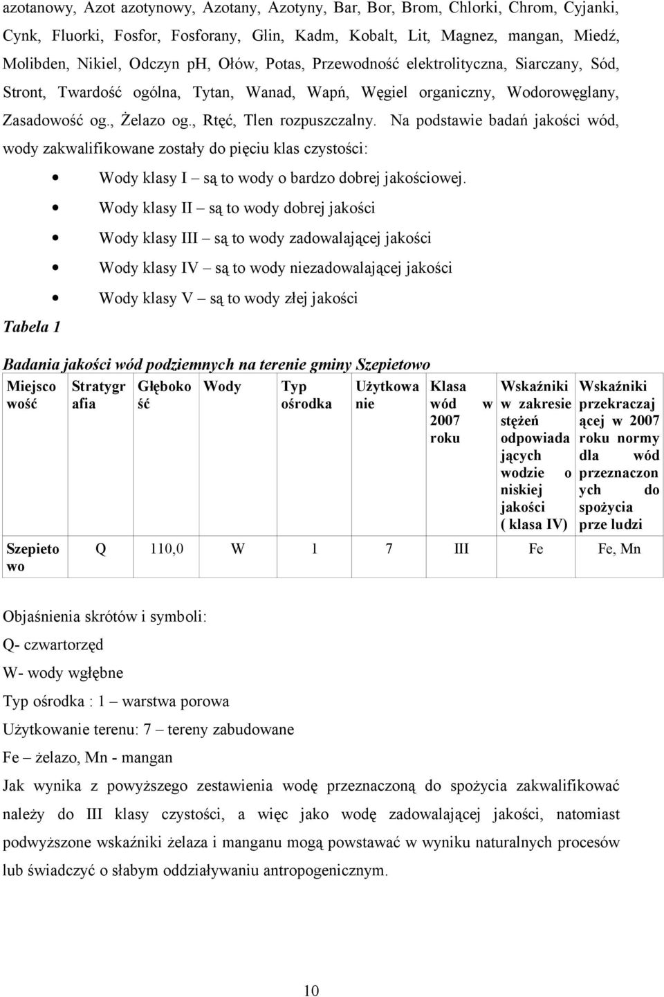 Na pdstawie badań jakści wód, wdy zakwalifikwane zstały d pięciu klas czystści: Tabela 1 Wdy klasy I są t wdy bardz dbrej jakściwej.