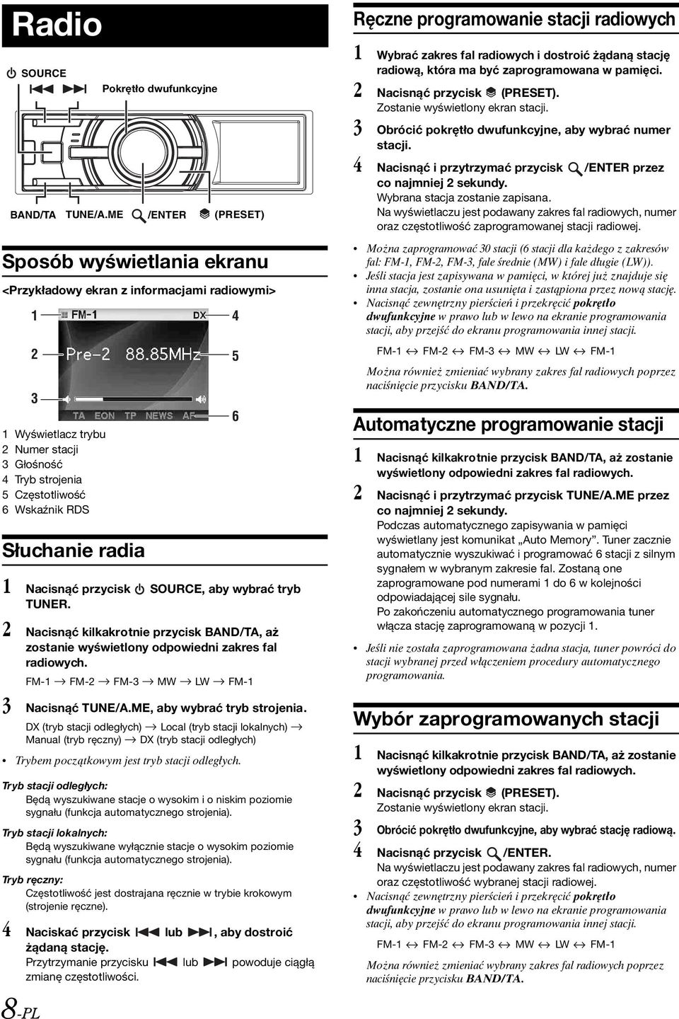 2 Nacisnąć kilkakrotnie przycisk BAND/TA, aż zostanie wyświetlony odpowiedni zakres fal radiowych. FM-1 FM-2 FM-3 MW LW FM-1 3 Nacisnąć TUNE/A.ME, aby wybrać tryb strojenia.