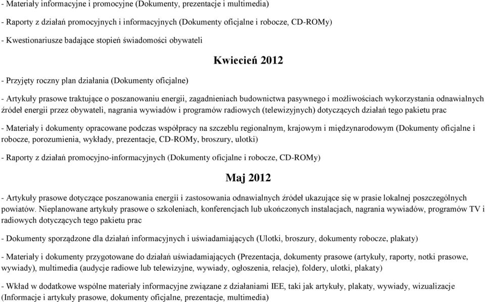 możliwościach wykorzystania odnawialnych źródeł energii przez obywateli, nagrania wywiadów i programów radiowych (telewizyjnych) dotyczących działań tego pakietu prac - Materiały i dokumenty