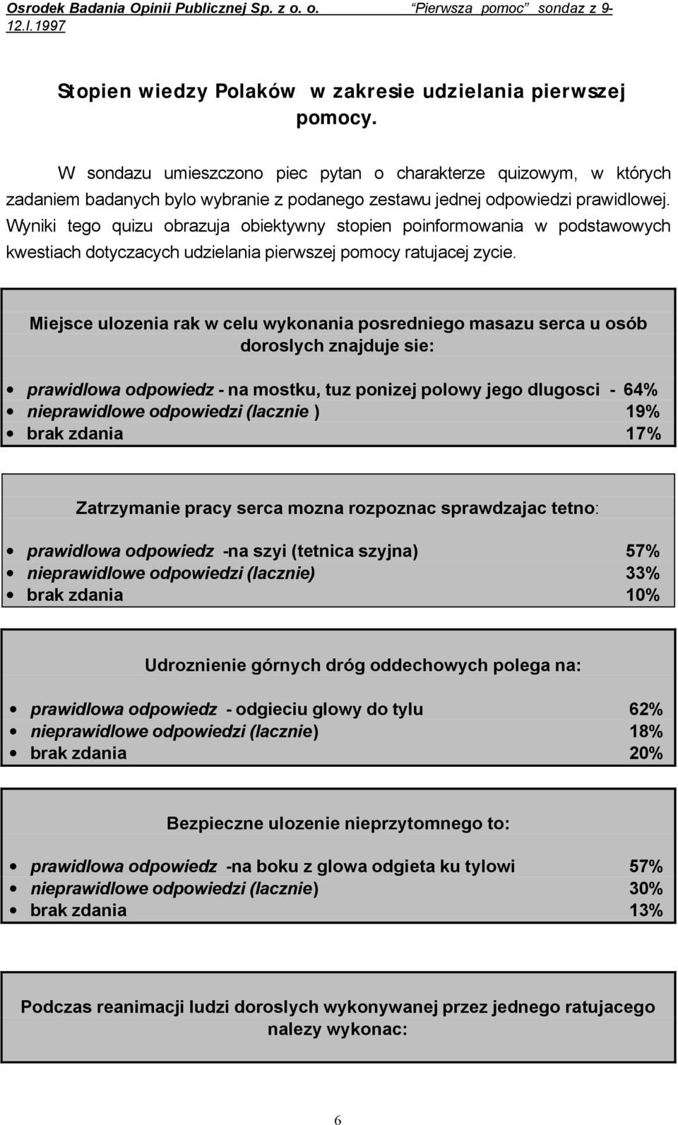 Wyniki tego quizu obrazuja obiektywny stopien poinformowania w podstawowych kwestiach dotyczacych udzielania pierwszej pomocy ratujacej zycie.