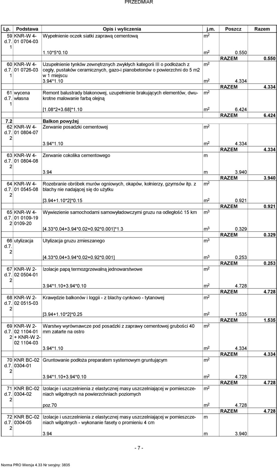 334 6 wycena d.7. własna Reont balustrady blakonowej, uzupełnienie brakujących eleentów, dwukrotne alowanie farbą olejną [.08*+3.68]*.0 6.44 RAZEM 6.44 7.