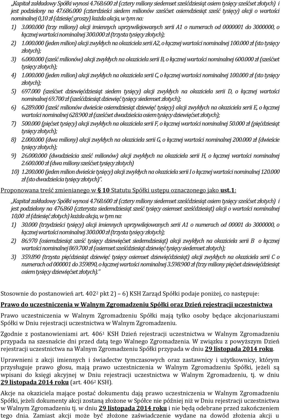 000 zł (trzysta tysięcy złotych); 2) 1.000.000 (jeden milion) akcji zwykłych na okaziciela serii A2, o łącznej wartości nominalnej 100.000 zł (sto tysięcy złotych); 3) 6.000.000 (sześć milionów) akcji zwykłych na okaziciela serii B, o łącznej wartości nominalnej 600.