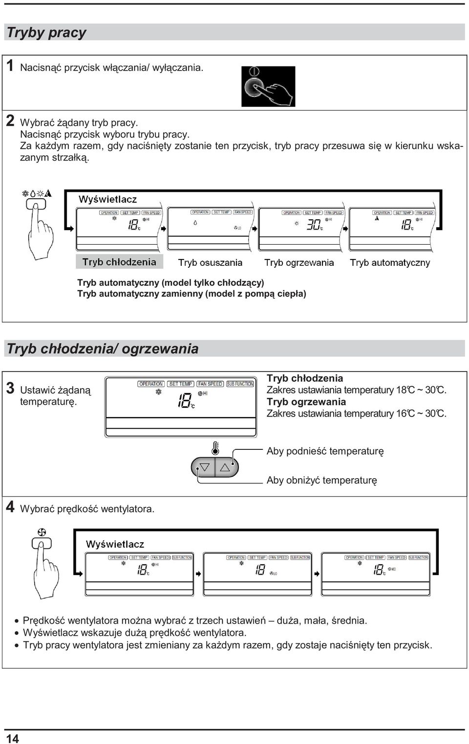 Tryb automatyczny (model tylko chłodz cy) Tryb automatyczny zamienny (model z pomp ciepła) Tryb chłodzenia/ ogrzewania 3 Ustawi dan temperatur.