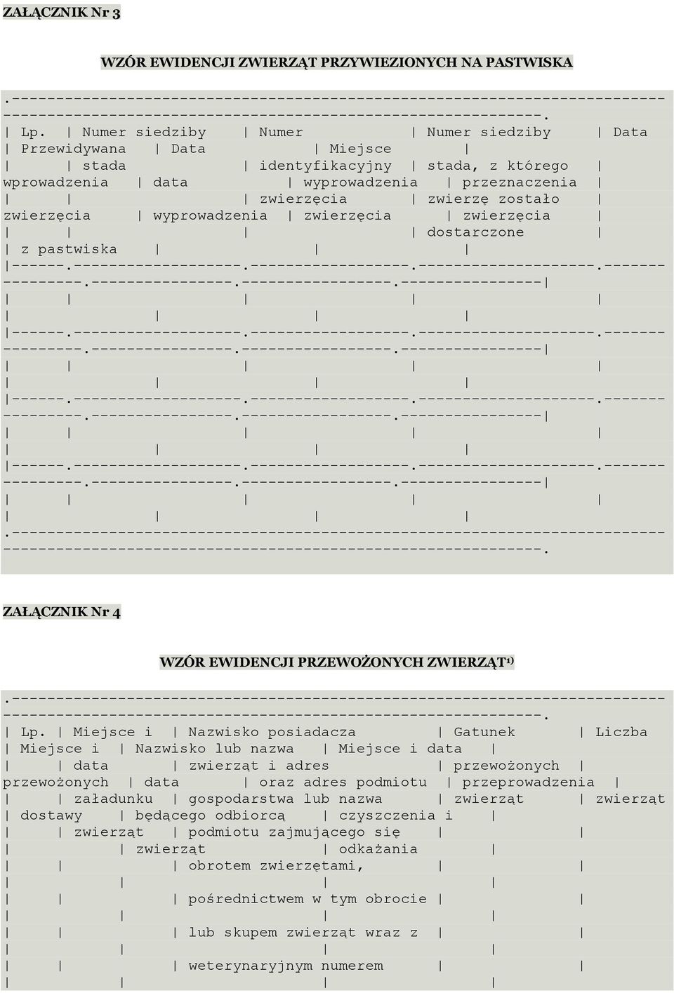 wyprowadzenia zwierzęcia zwierzęcia dostarczone z pastwiska ZAŁĄCZNIK Nr 4 WZÓR EWIDENCJI PRZEWOŻONYCH ZWIERZĄT 1) Lp.