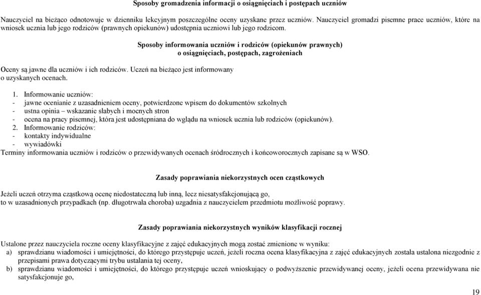 Uczeń na bieżąco jest informowany o uzyskanych ocenach. Sposoby informowania uczniów i rodziców (opiekunów prawnych) o osiągnięciach, postępach, zagrożeniach 1.