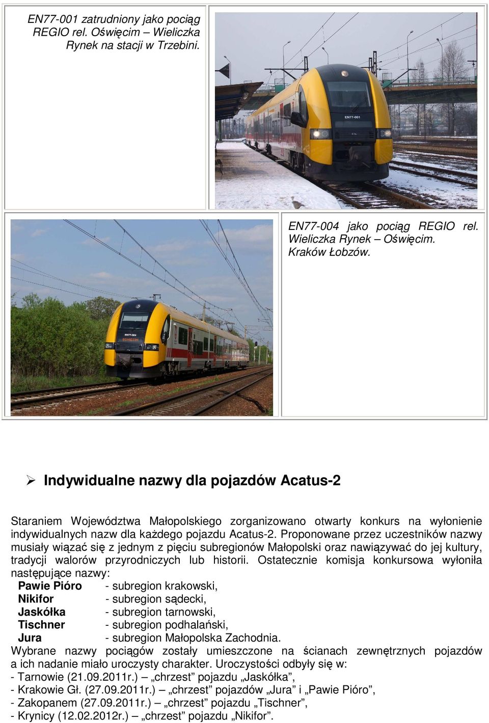 Proponowane przez uczestników nazwy musiały wiązać się z jednym z pięciu subregionów Małopolski oraz nawiązywać do jej kultury, tradycji walorów przyrodniczych lub historii.