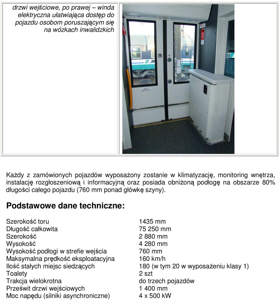 Podstawowe dane techniczne: Szerokość toru 1435 mm Długość całkowita 75 250 mm Szerokość 2 880 mm Wysokość 4 280 mm Wysokość podłogi w strefie wejścia 760 mm Maksymalna prędkość