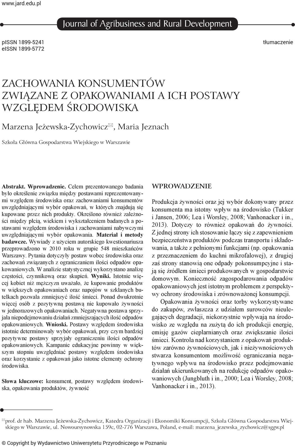 Jeżewska-Zychowicz, Maria Jeznach Szkoła Główna Gospodarstwa Wiejskiego w Warszawie Abstrakt. Wprowadzenie.