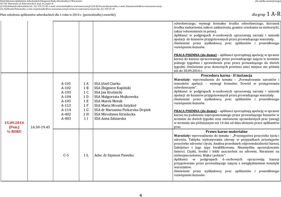 2014 SSA Józef Ciurko SSA Zbigniew Kapiński SSA Jan Krośnicki SSA Małgorzata Mojkowska SSA Marek Motuk SSA Maria Mrozik-Sztykiel SSA dr Marzanna Piekarska-Drążek SSA Mirosława Strzelecka SSA Anna