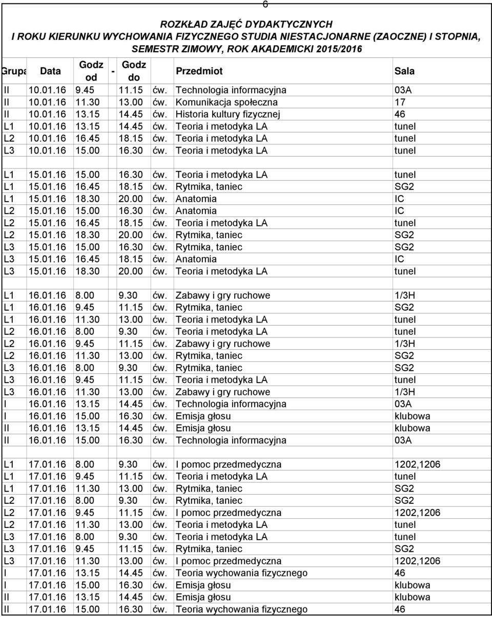 01.16 18.30 20.00 ćw. Anatomia IC L2 15.01.16 15.00 16.30 ćw. Anatomia IC L2 15.01.16 16.45 18.15 ćw. Teoria i metodyka LA tunel L2 15.01.16 18.30 20.00 ćw. Rytmika, taniec SG2 L3 15.01.16 15.00 16.30 ćw. Rytmika, taniec SG2 L3 15.01.16 16.45 18.15 ćw. Anatomia IC L3 15.