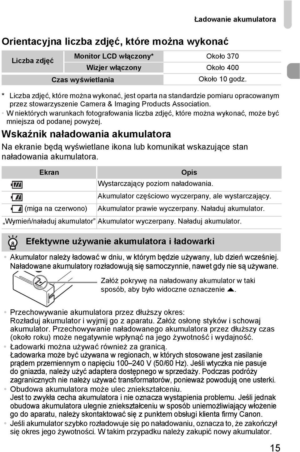 Wskaźnik naładowania akumulatora Na ekranie będą wyświetlane ikona lub komunikat wskazujące stan naładowania akumulatora.