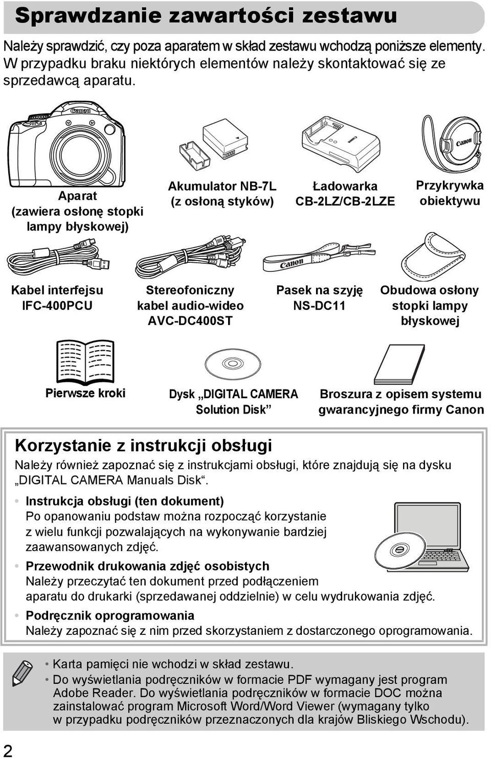 AVC-DC400ST Pasek na szyję NS-DC11 Obudowa osłony stopki lampy błyskowej Pierwsze kroki Dysk DIGITAL CAMERA Solution Disk Broszura z opisem systemu gwarancyjnego firmy Canon 2 Korzystanie z