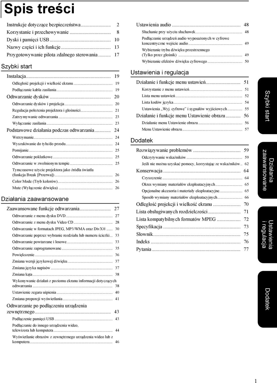 .. 20 Regulacja położenia projektora i głośności... 21 Zatrzymywanie odtwarzania... 23 Wyłączanie zasilania... 23 Podstawowe działania podczas odtwarzania... 24 Wstrzymanie.