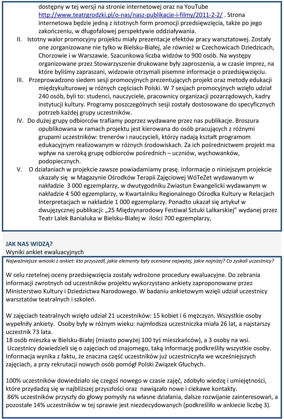 Istotny walor promocyjny projektu miały prezentacje efektów pracy warsztatowej. Zostały one zorganizowane nie tylko w Bielsku-Białej, ale również w Czechowicach Dziedzicach, Chorzowie i w Warszawie.