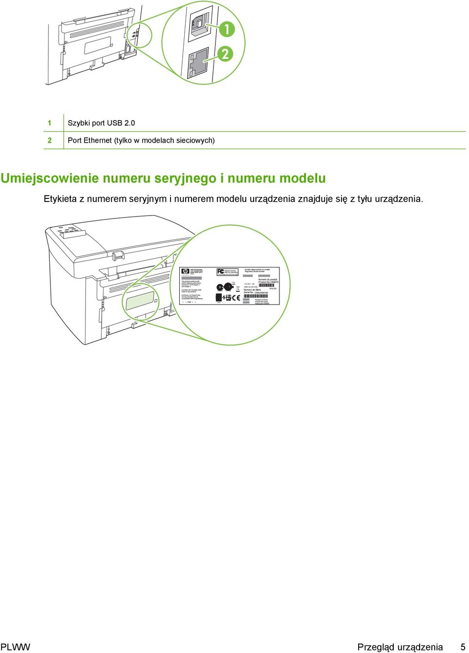 Umiejscowienie numeru seryjnego i numeru modelu Etykieta z