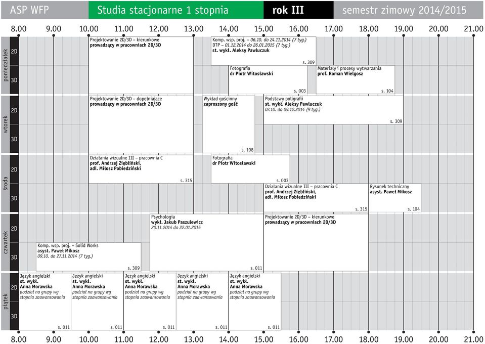 04 Podstawy poligrafii Aleksy Pawluczuk 07.0. do 09..04 (9 tyg.) Działania wizualne III pracownia C prof. Andrzej Ziębliński, adi. Miłosz Pobiedziński s. 08 Fotografia dr Piotr Witosławski s.