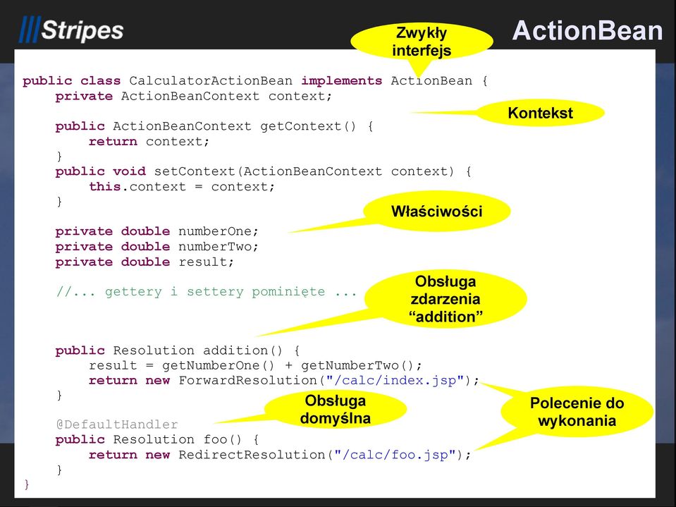 context = context; Kontekst Właściwości private double numberone; private double numbertwo; private double result; //... gettery i settery pominięte.