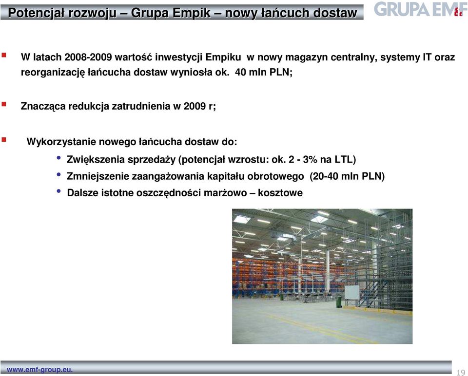 40 mln PLN; Znacząca redukcja zatrudnienia w 2009 r; Wykorzystanie nowego łańcucha dostaw do: Zwiększenia