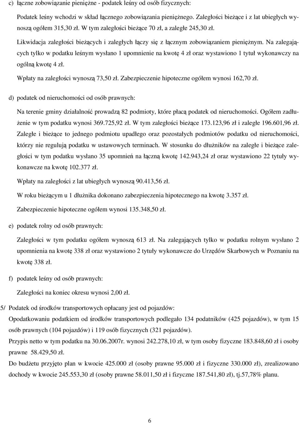 Na zalegajcych tylko w podatku lenym wysłano 1 upomnienie na kwot 4 zł oraz wystawiono 1 tytuł wykonawczy na ogóln kwot 4 zł. Wpłaty na zaległoci wynosz 73,50 zł.