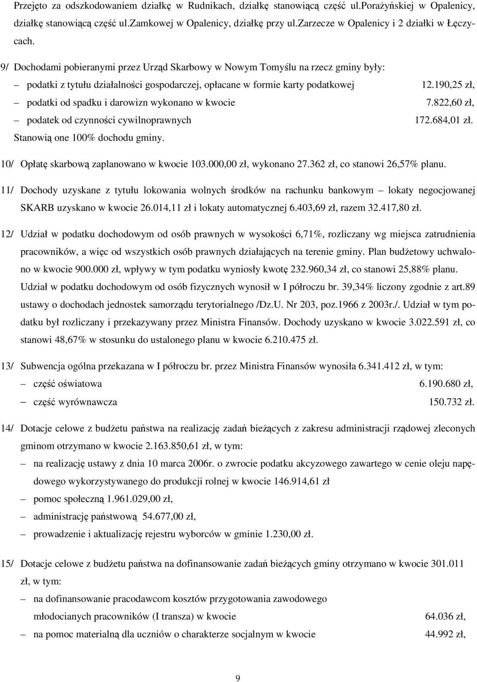 190,25 zł, podatki od spadku i darowizn wykonano w kwocie 7.822,60 zł, podatek od czynnoci cywilnoprawnych 172.684,01 zł. Stanowi one 100% dochodu gminy. 10/ Opłat skarbow zaplanowano w kwocie 103.