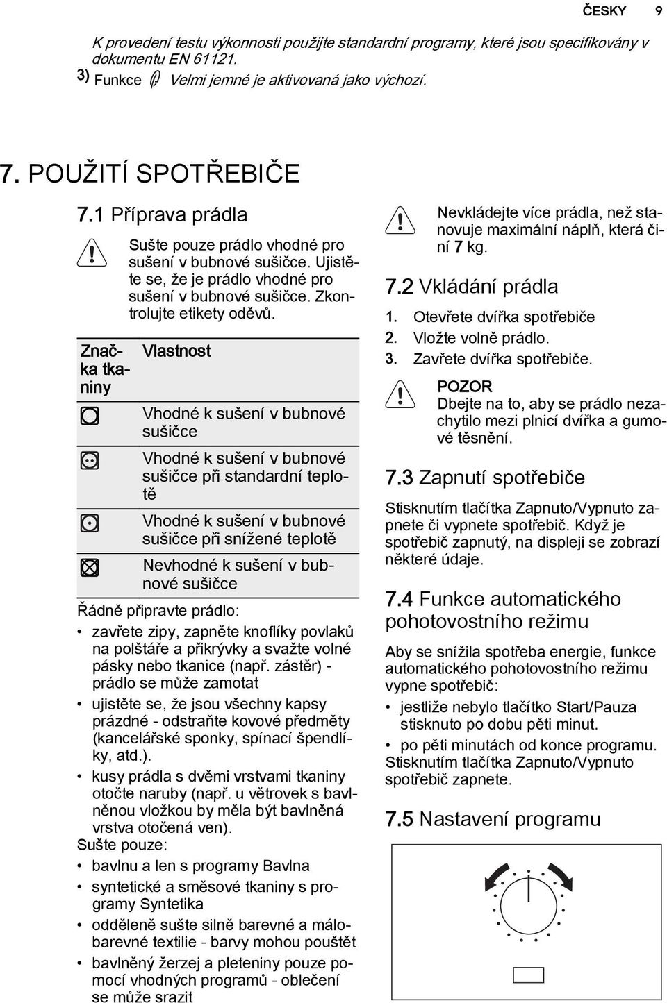 Značka tka Vlastnost niny Vhodné k sušení v bubnové sušičce Vhodné k sušení v bubnové sušičce při standardní teplotě Vhodné k sušení v bubnové sušičce při snížené teplotě Nevhodné k sušení v bubnové