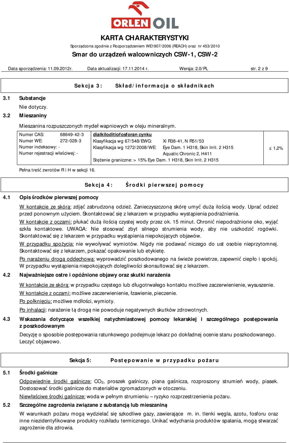 Numer CAS: 68649-42-3 Numer WE: 272-028-3 Numer indeksowy: - Numer rejestracji właściwej: - dialkiloditiofosforan cynku Klasyfikacja wg 67/548/EWG: Xi R38-41, N R51/53 Klasyfikacja wg 1272/2008/WE: