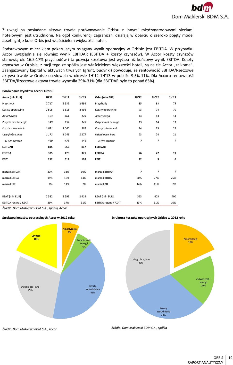 Podstawowym miernikiem pokazującym osiągany wynik operacyjny w Orbisie jest EBITDA. W przypadku Accor uwzględnia się również wynik EBITDAR (EBITDA + koszty czynszów).