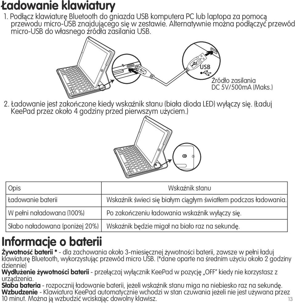 Ładowanie jest zakończone kiedy wskaźnik stanu (biała dioda LED) wyłączy się. (Ładuj KeePad przez około 4 godziny przed pierwszym użyciem.