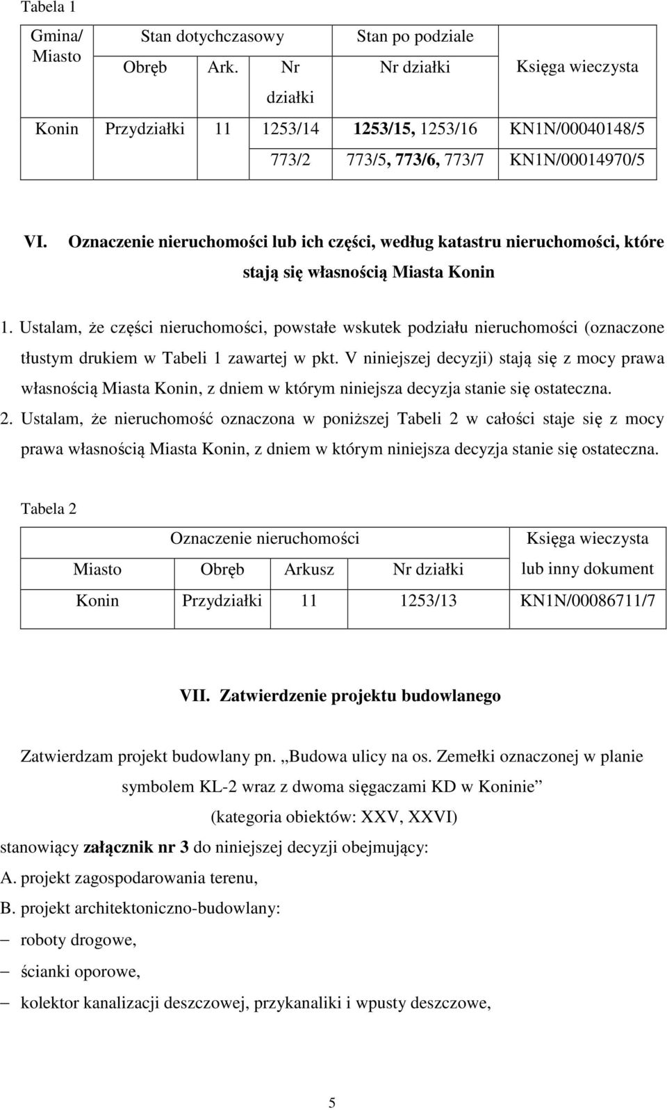 Oznaczenie nieruchomości lub ich części, według katastru nieruchomości, które stają się własnością Miasta Konin 1.