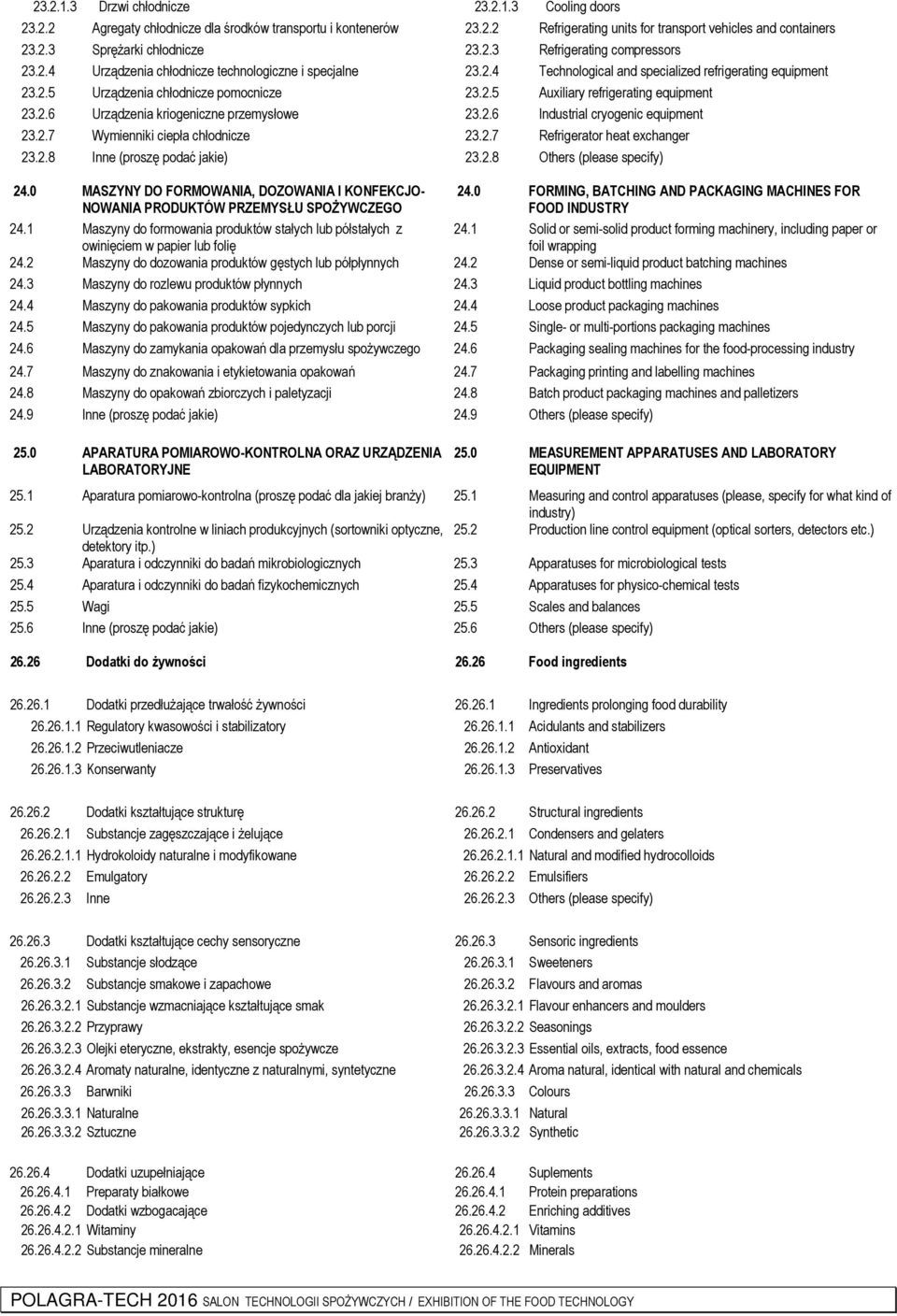 2.6 Urządzenia kriogeniczne przemysłowe 23.2.6 Industrial cryogenic equipment 23.2.7 Wymienniki ciepła chłodnicze 23.2.7 Refrigerator heat exchanger 23.2.8 Inne (proszę podać jakie) 23.2.8 Others (please specify) 24.