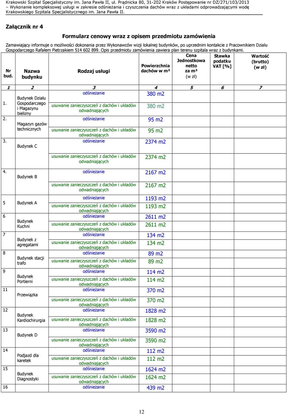 Cena Jednostkowa Stawka podatku Wartość (brutto) Powierzchnia netto VAT [%] Nr Nazwa Rodzaj usługi dachów w m² za m² (w zł) bud. budynku (w zł) 1 2 3 4 5 6 7 Działu 380 m2 1.